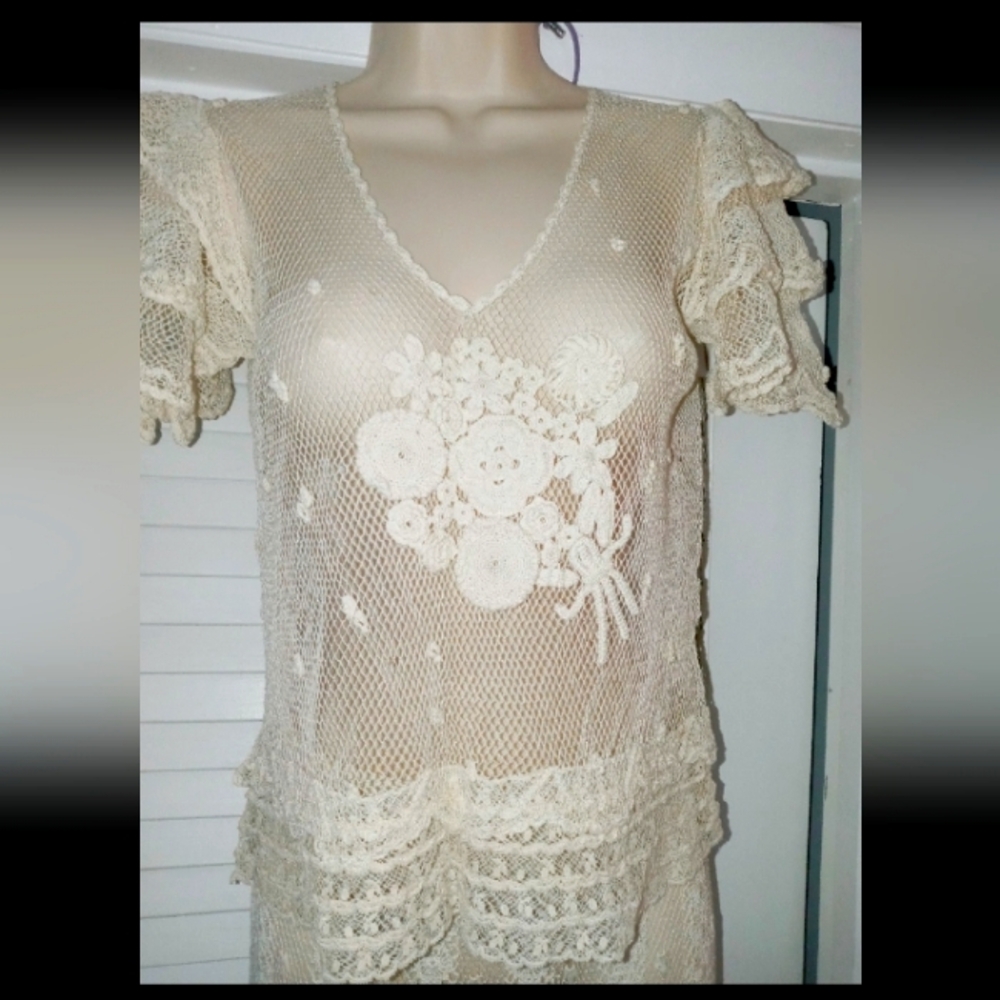 NWT glorious handmade two pieces beige Crochet below knee Dress Sz M dress